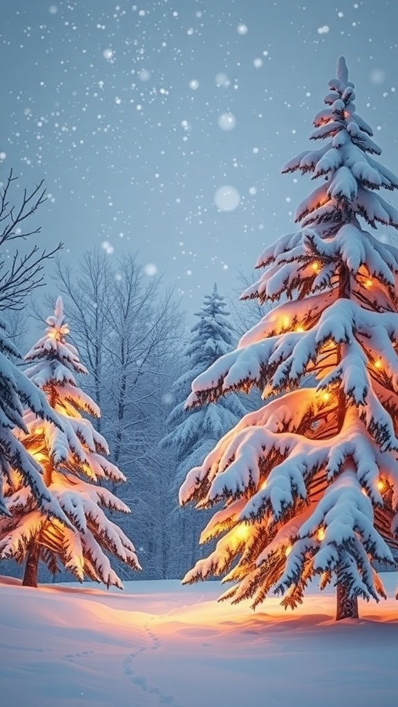 A cute winter scene with snowflakes and festive trees, ideal for Christmas wallpaper on an iPhone.